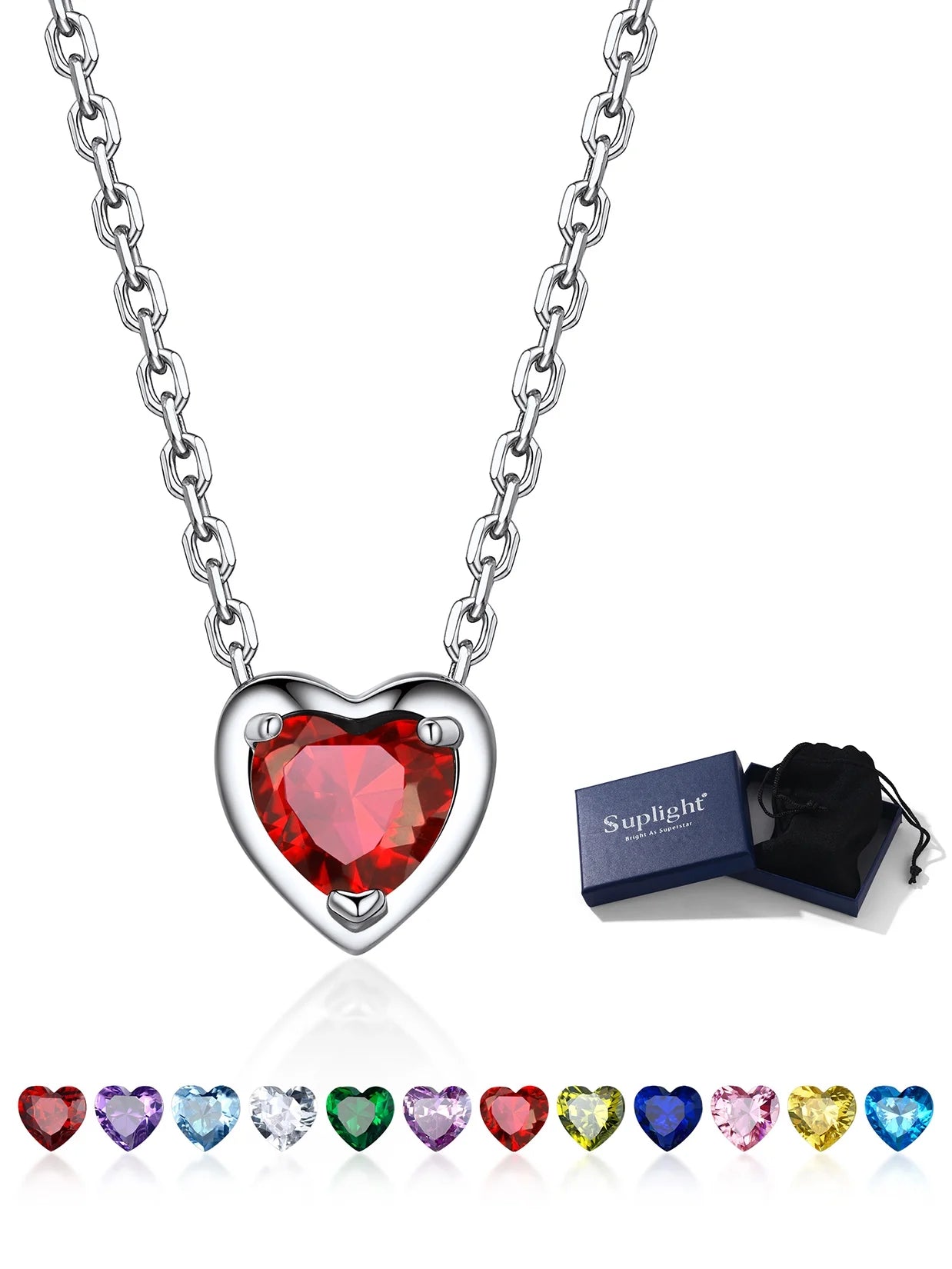 Silver Necklace for Women 925 Sterling Silver Birthstone Love Heart Necklace