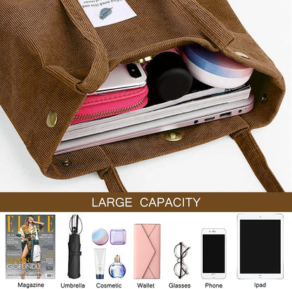 Corduroy Tote Bag Large for Women Girl Lady Canvas Shoulder Cord Purse and Handbags with Inner Pocket