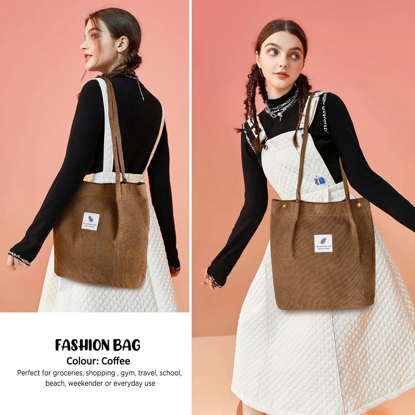 Corduroy Tote Bag Large for Women Girl Lady Canvas Shoulder Cord Purse and Handbags with Inner Pocket