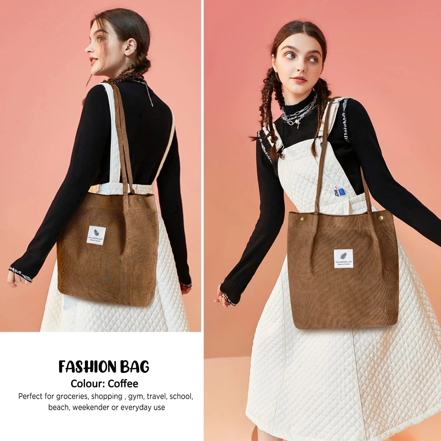 Corduroy Tote Bag Large for Women Girl Lady Canvas Shoulder Cord Purse and Handbags with Inner Pocket