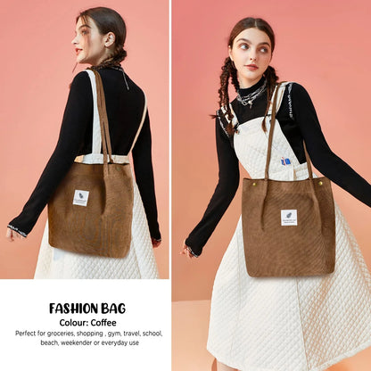 Corduroy Tote Bag Large for Women Girl Lady Canvas Shoulder Cord Purse and Handbags with Inner Pocket