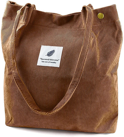 Corduroy Tote Bag Large for Women Girl Lady Canvas Shoulder Cord Purse and Handbags with Inner Pocket