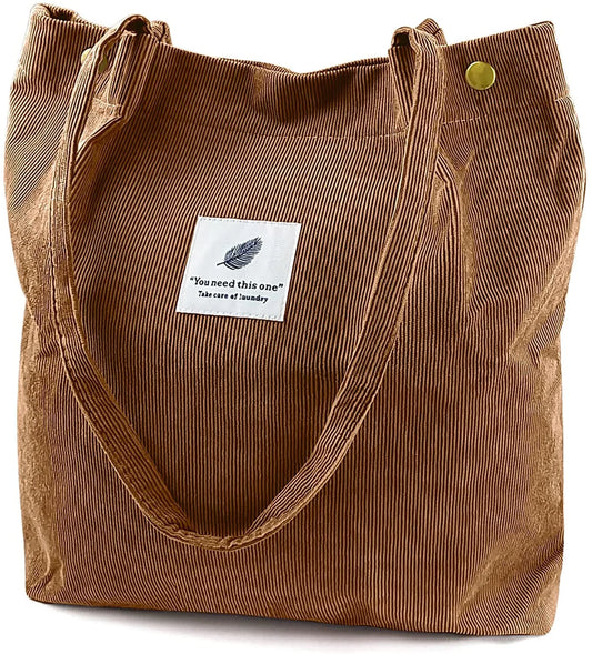 Corduroy Tote Bag Large for Women Girl Lady Canvas Shoulder Cord Purse and Handbags with Inner Pocket